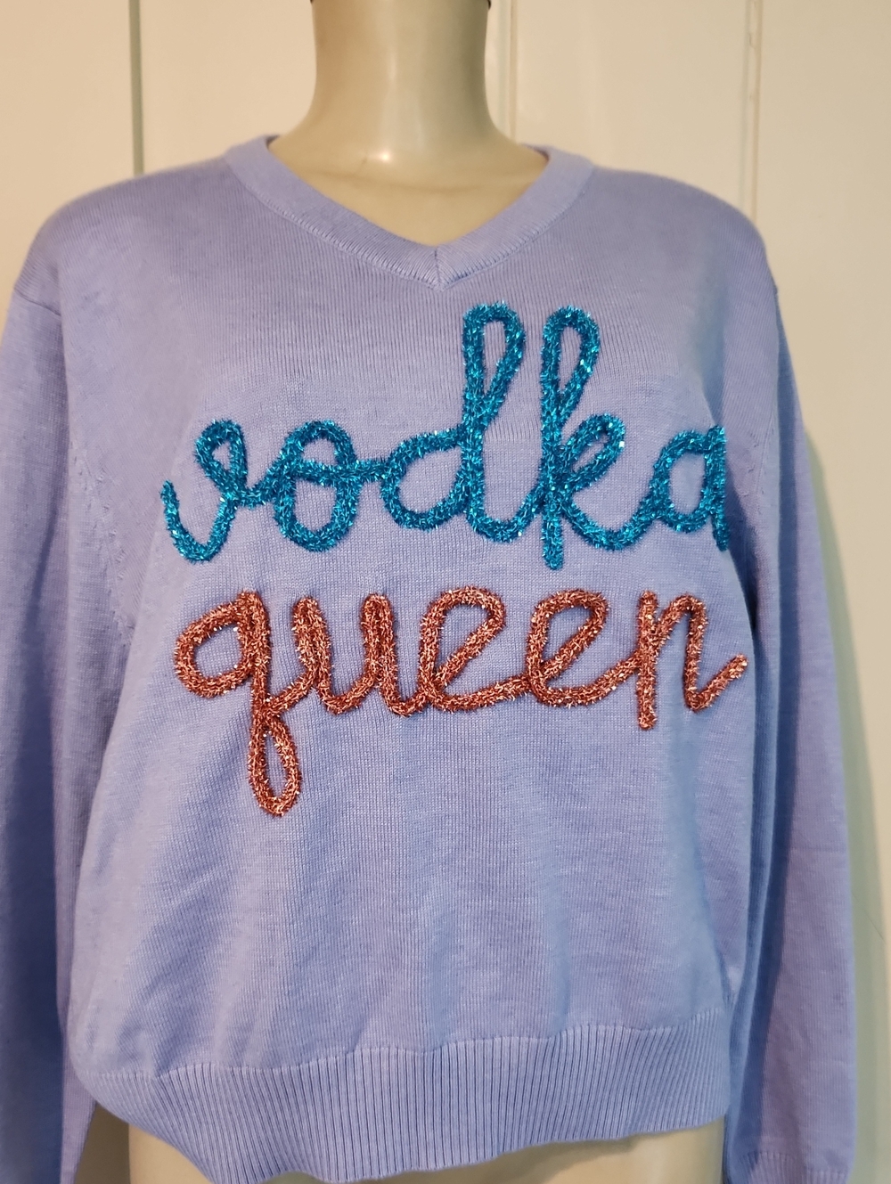 QUEEN OF SPARKLES Lavender V-Neck Sweater with Teal & Rose Metallic Script